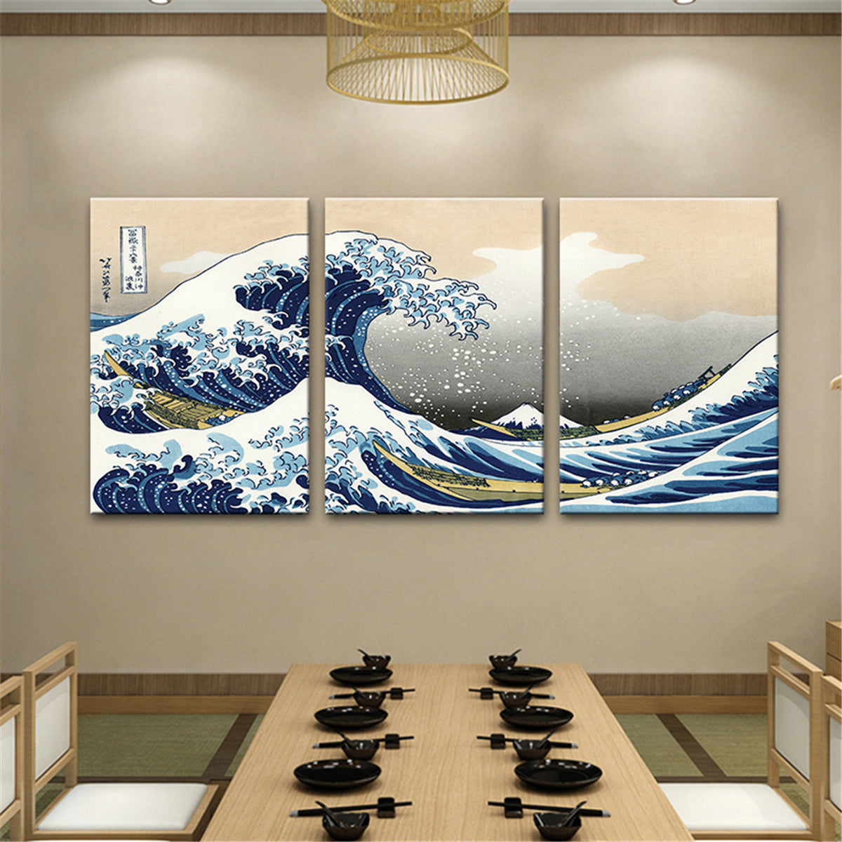 Conjunto 3 Peças A Grande Onda de Kanagawa – Quadros Decorativos