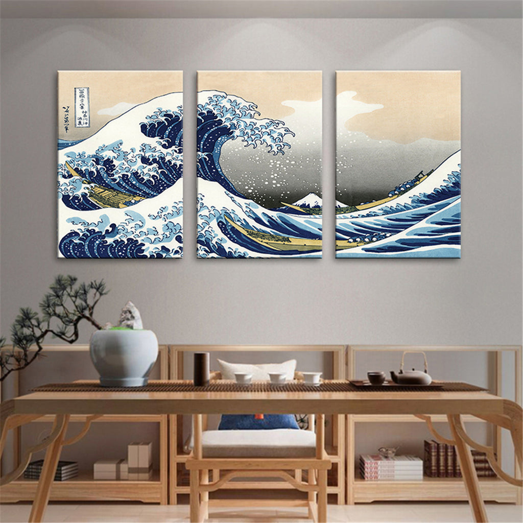 Conjunto 3 Peças A Grande Onda de Kanagawa – Quadros Decorativos