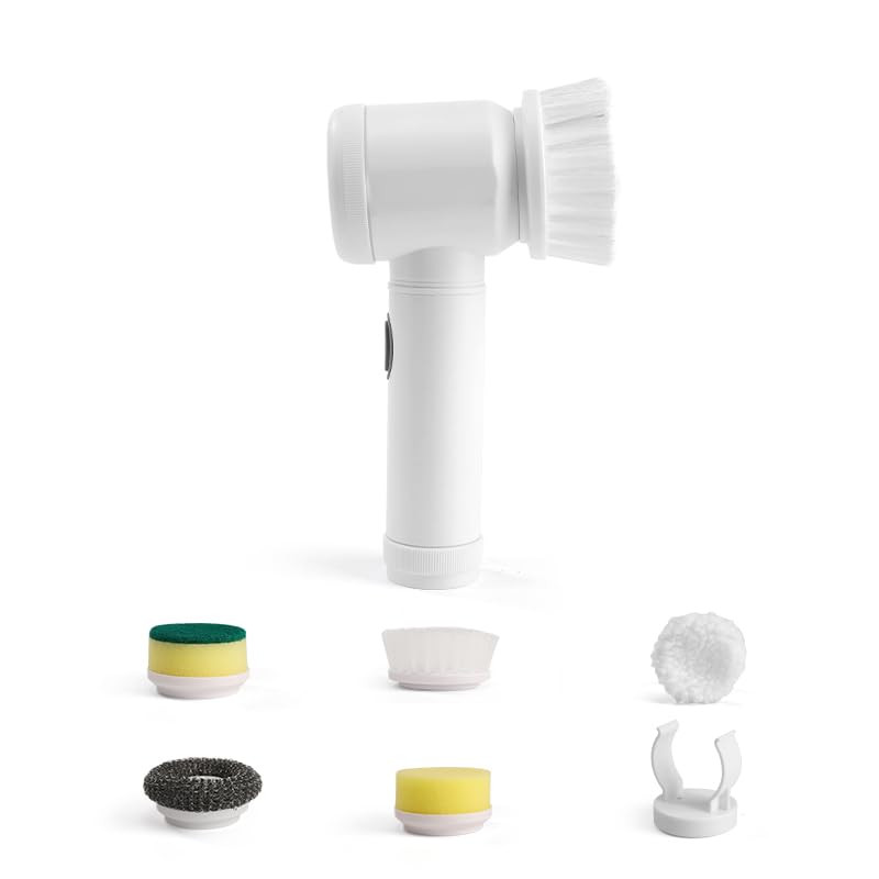 Escova de Limpeza Elétrica Portátil Sem Fio Recarregável - Giratória, com 7 Cabeças de Escova Elétrica em 1 para Lavagem de Pratos, Banheiro, Piso, Vidro e Limpeza Doméstica Geral (Branco, 5 em 1)