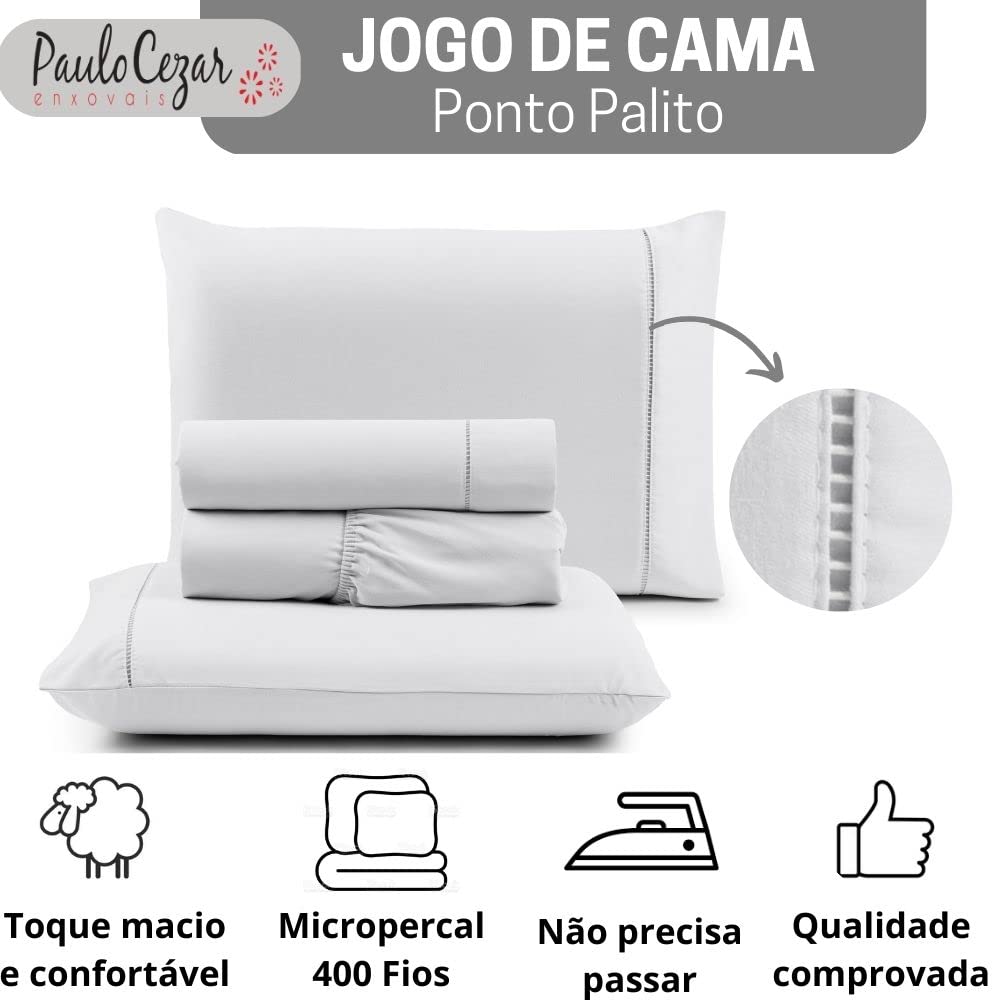 Jogo de Cama Queen Percal 400 Fios Ponto Palito 04 Peças, Antiácaro, Anti-pilling com Toque Macio - Branco