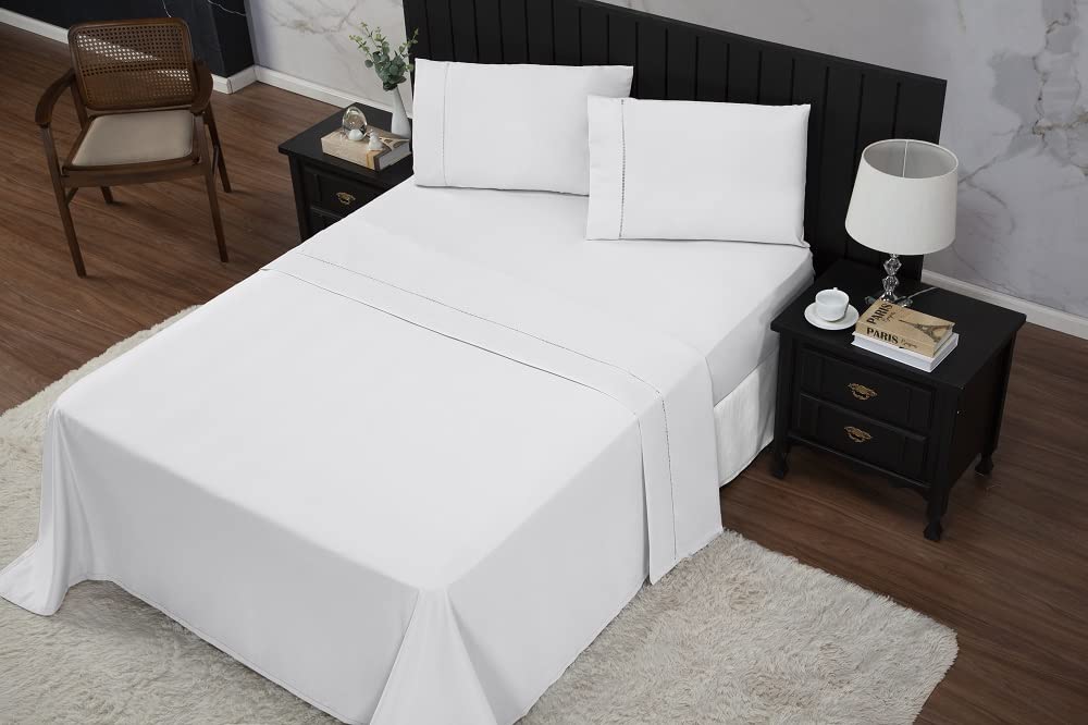 Jogo de Cama Queen Percal 400 Fios Ponto Palito 04 Peças, Antiácaro, Anti-pilling com Toque Macio - Branco