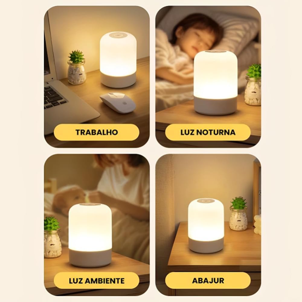 Luminária de Mesa Abajur de Cabeçeira com 3 Modos de Iluminação 360° LED Botão Touch Sem Fio Recarregável Para Criado Mudo, Estudos, Trabalho, Quarto, Escritório, Sala, Decoração e Leitura (8,5x7cm)