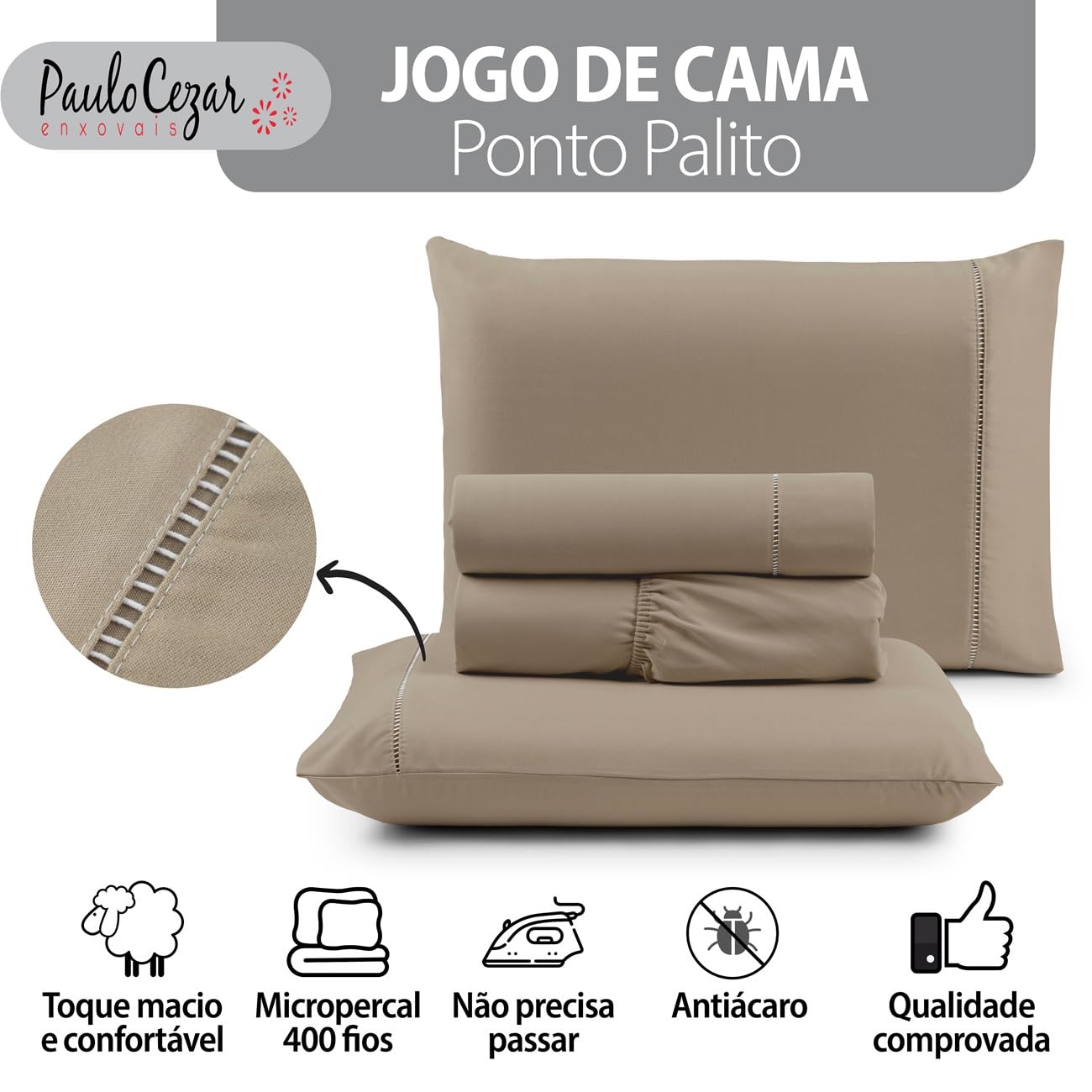 Jogo de Cama Queen Percal 400 Fios Ponto Palito 04 Peças, Antiácaro, Anti-pilling com Toque Macio - Branco