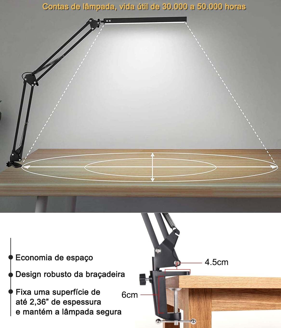 Luminaria de Mesa, Luminaria de mesa de Mesa com Braço Flexível 360°, Luminaria de mesa LED com 3 Luzes Reguláveis, Branco, Branco Quente e Branco Quente.