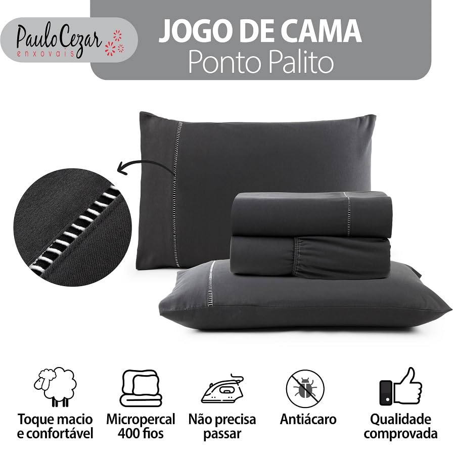 Jogo de Cama Queen Percal 400 Fios Ponto Palito 04 Peças, Antiácaro, Anti-pilling com Toque Macio - Branco