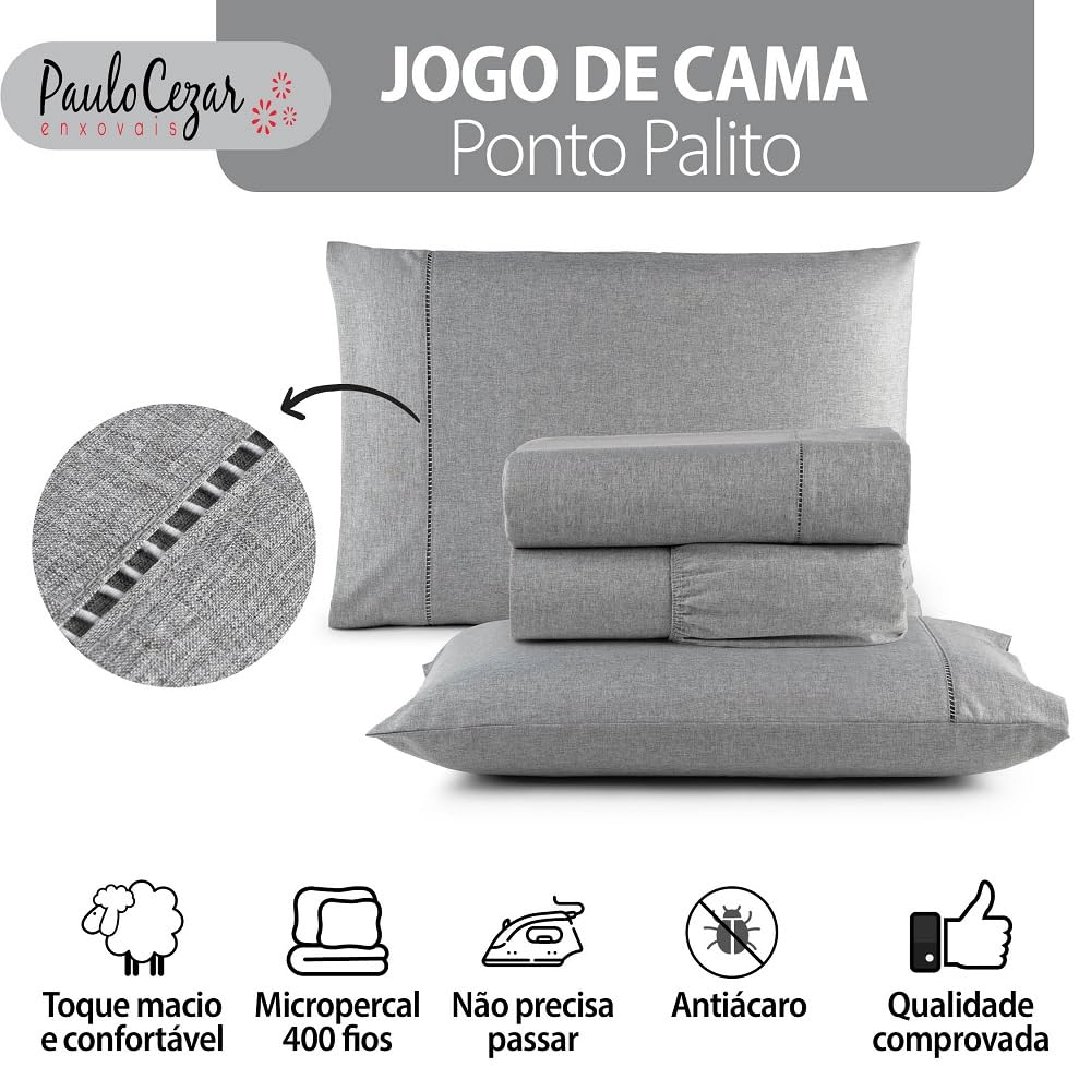 Jogo de Cama Queen Percal 400 Fios Ponto Palito 04 Peças, Antiácaro, Anti-pilling com Toque Macio - Branco