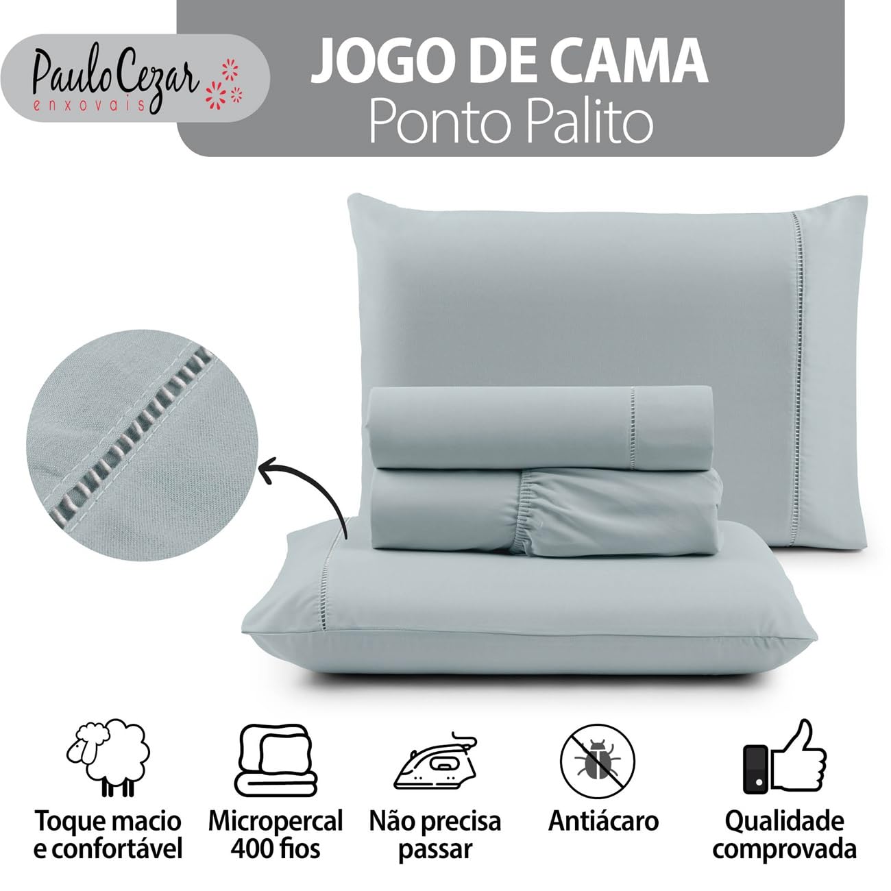 Jogo de Cama Queen Percal 400 Fios Ponto Palito 04 Peças, Antiácaro, Anti-pilling com Toque Macio - Branco