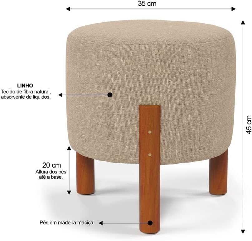Kit 2 Puff Banquinho Redondo Decorativo Thor em Linho Pés Madeira Maciça Cor Bege