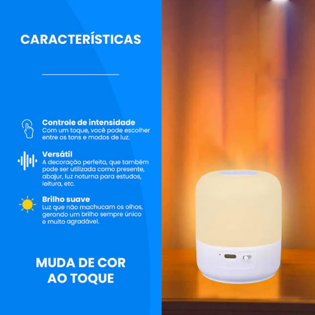 Luminária de Mesa Abajur de Cabeçeira com 3 Modos de Iluminação 360° LED Botão Touch Sem Fio Recarregável Para Criado Mudo, Estudos, Trabalho, Quarto, Escritório, Sala, Decoração e Leitura (8,5x7cm)