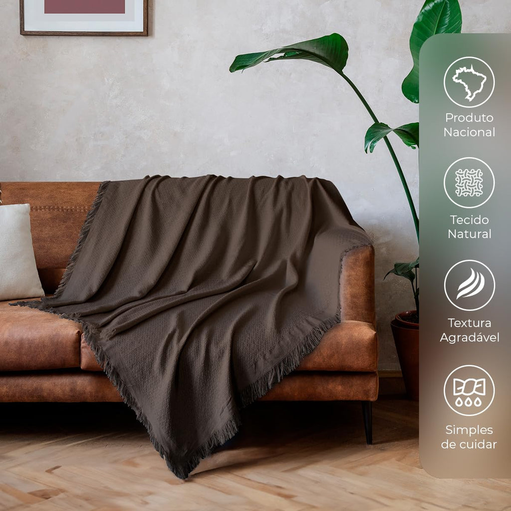 Decolab Manta para Sofá em Algodão com Franjas Artesanais | Cobertor Decorativo para Sofa, Poltrona e Cama | Estilo Boho Chic (Branca-Cru)