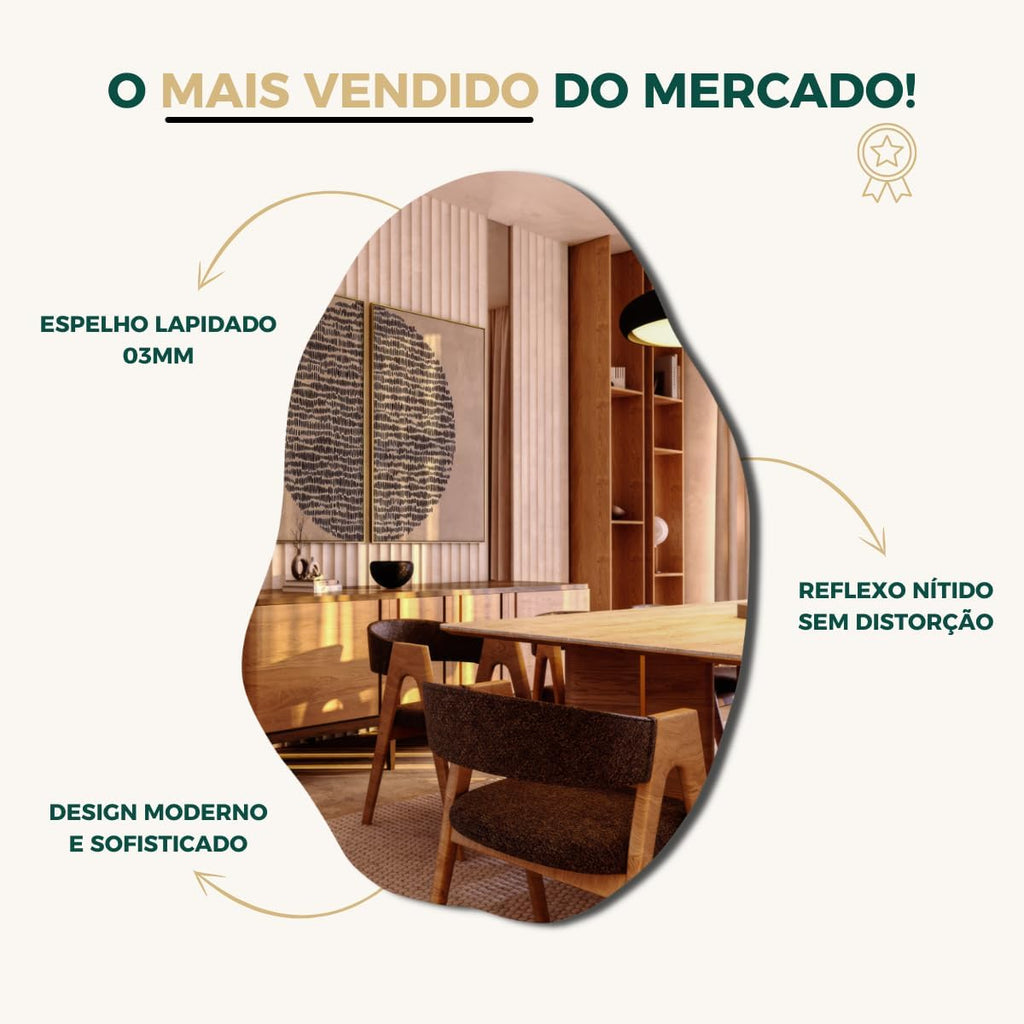 Espelho Lapidado Orgânico Grande 90x60cm Banheiro Sala de estar Quarto Closet