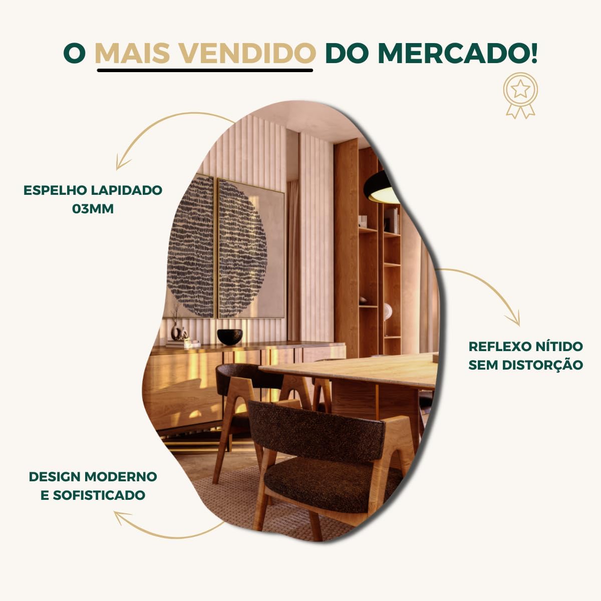 Espelho Lapidado Orgânico Grande 90x60cm Banheiro Sala de estar Quarto Closet