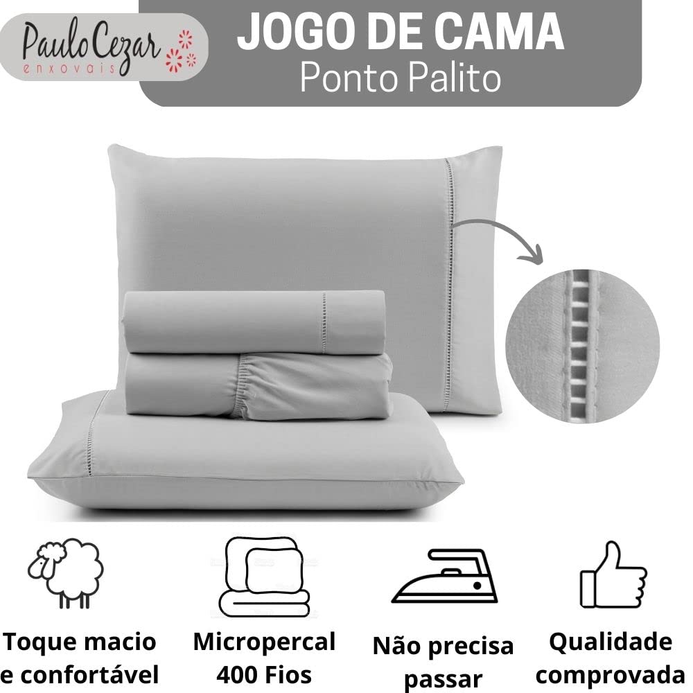 Jogo de Cama Queen Percal 400 Fios Ponto Palito 04 Peças, Antiácaro, Anti-pilling com Toque Macio - Branco