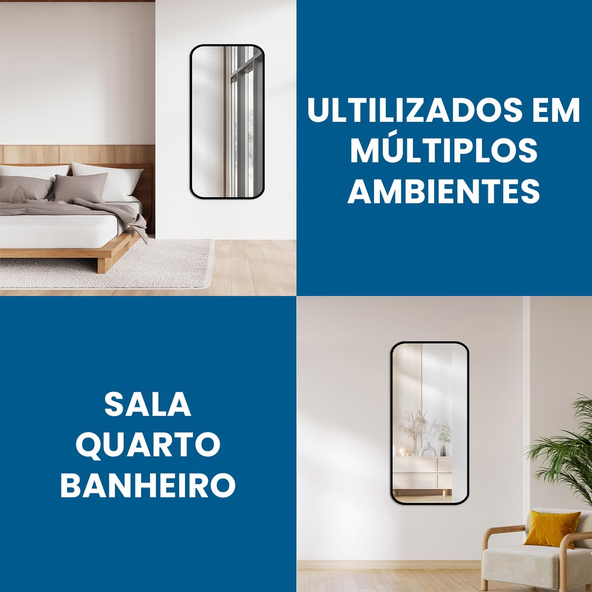 Espelho de Corpo Inteiro Retangular Cantos Arredondado 110x53 – Elegância e Amplitude para Seu Ambiente (Caramelo)