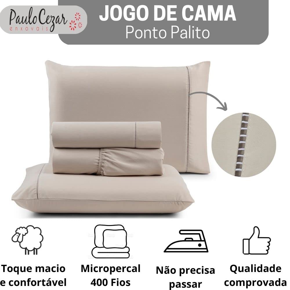 Jogo de Cama Queen Percal 400 Fios Ponto Palito 04 Peças, Antiácaro, Anti-pilling com Toque Macio - Branco