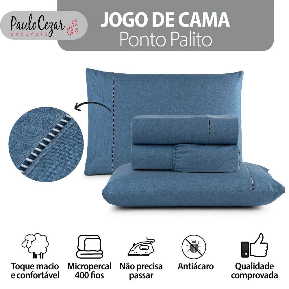 Jogo de Cama Queen Percal 400 Fios Ponto Palito 04 Peças, Antiácaro, Anti-pilling com Toque Macio - Branco