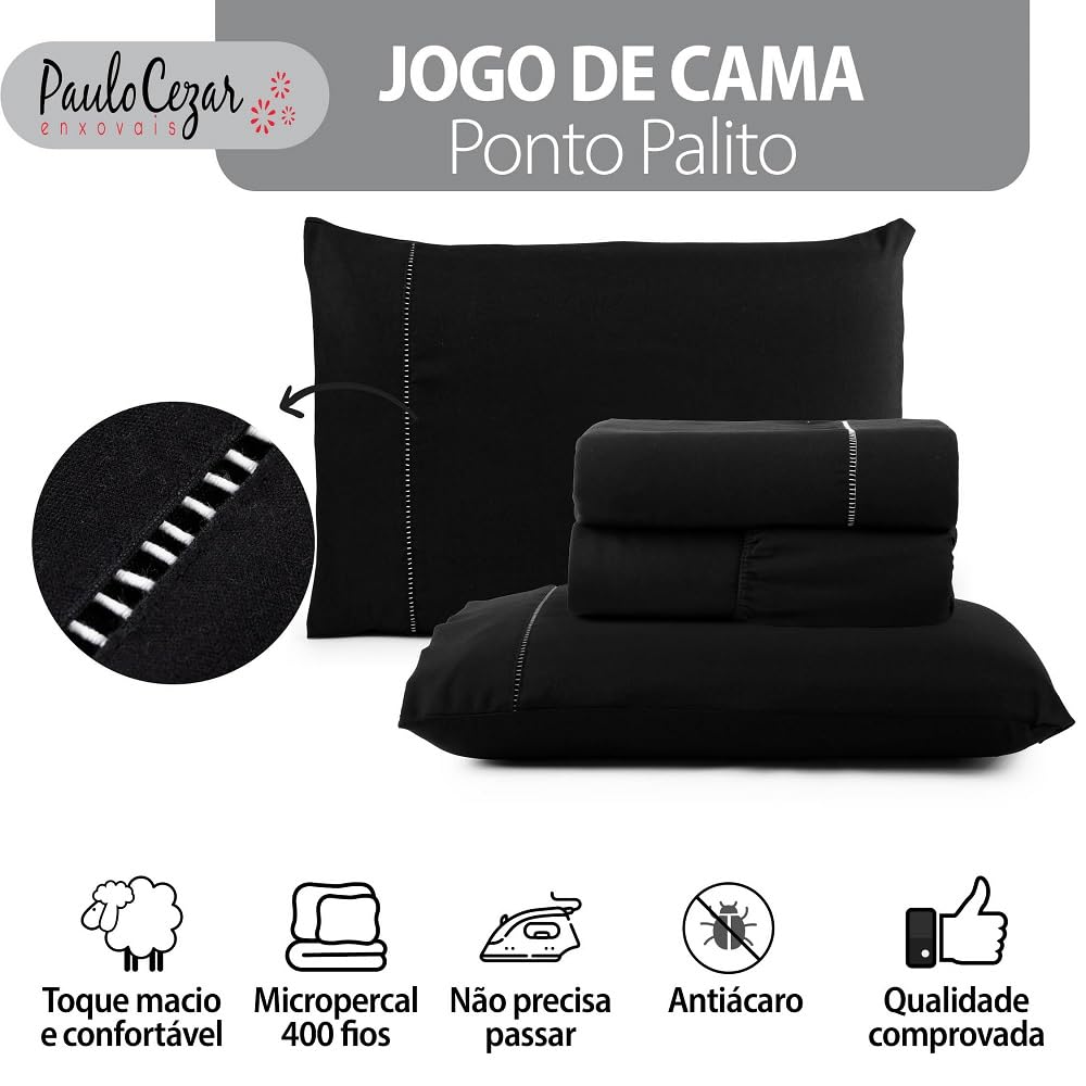 Jogo de Cama Queen Percal 400 Fios Ponto Palito 04 Peças, Antiácaro, Anti-pilling com Toque Macio - Branco