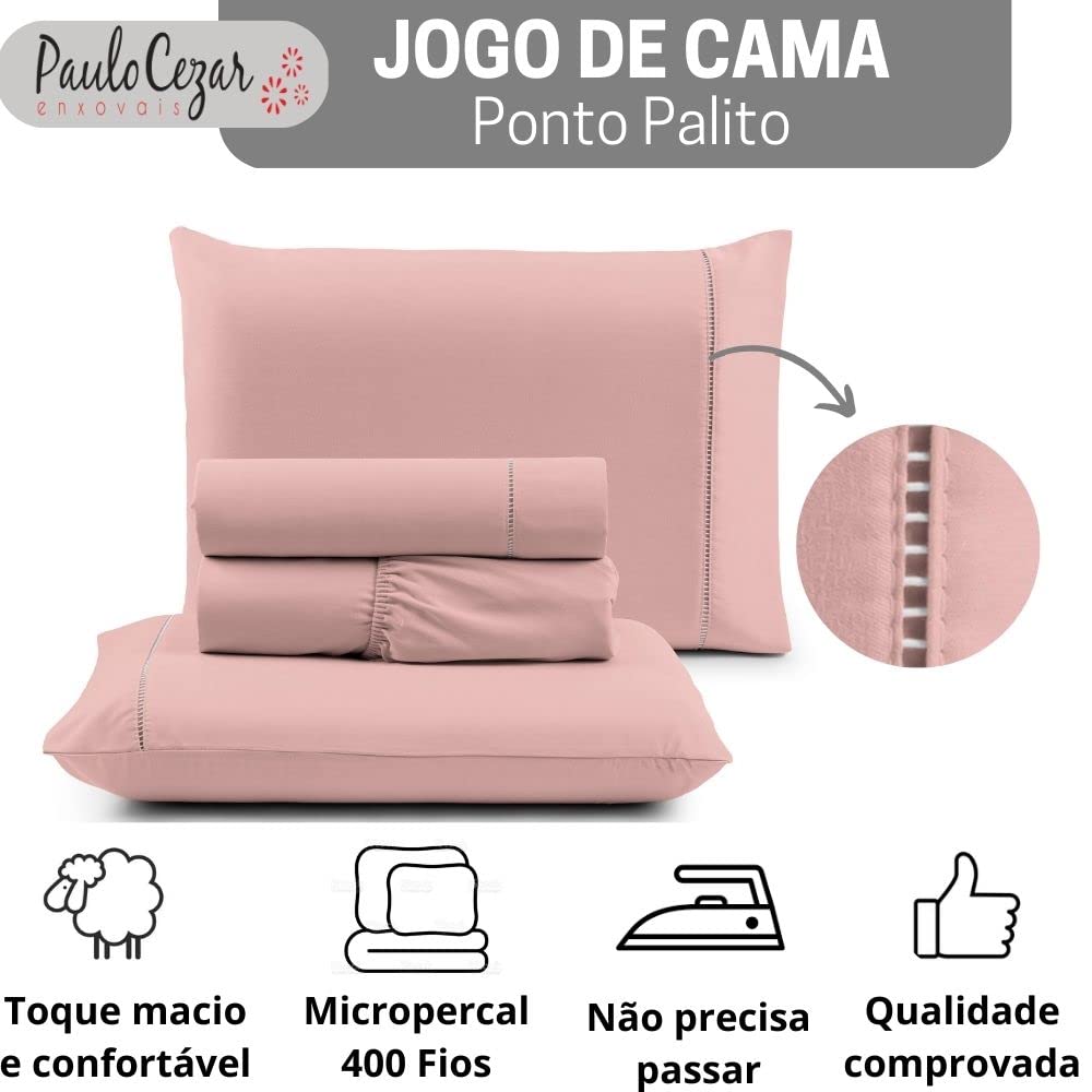Jogo de Cama Queen Percal 400 Fios Ponto Palito 04 Peças, Antiácaro, Anti-pilling com Toque Macio - Branco