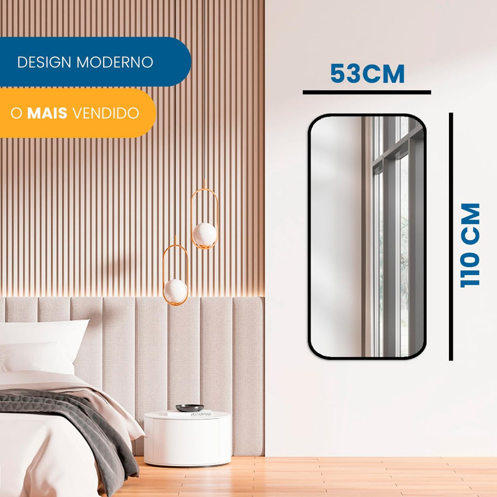 Espelho de Corpo Inteiro Retangular Cantos Arredondado 110x53 – Elegância e Amplitude para Seu Ambiente (Caramelo)