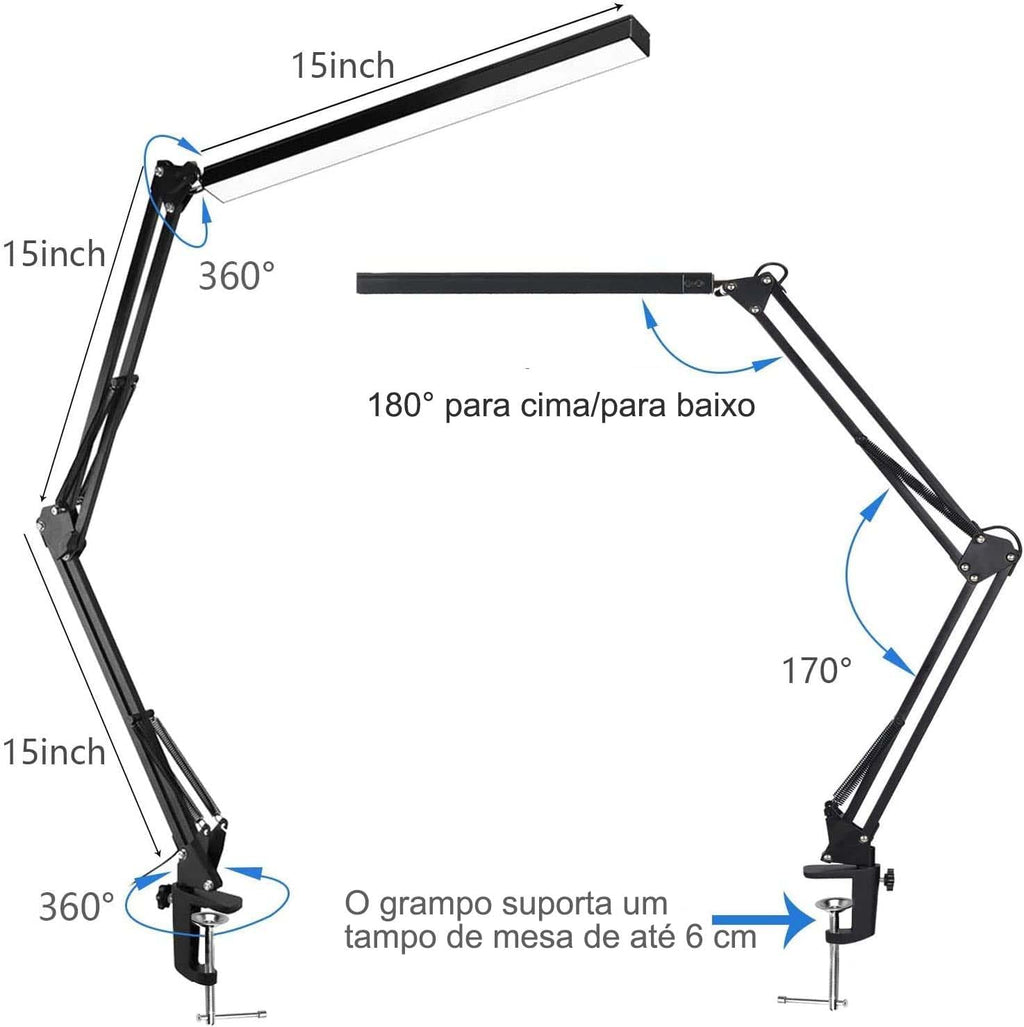 Luminaria de Mesa, Luminaria de mesa de Mesa com Braço Flexível 360°, Luminaria de mesa LED com 3 Luzes Reguláveis, Branco, Branco Quente e Branco Quente.