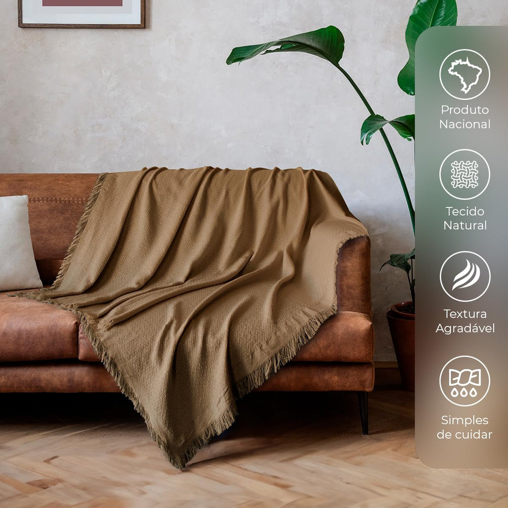 Decolab Manta para Sofá em Algodão com Franjas Artesanais | Cobertor Decorativo para Sofa, Poltrona e Cama | Estilo Boho Chic (Branca-Cru)