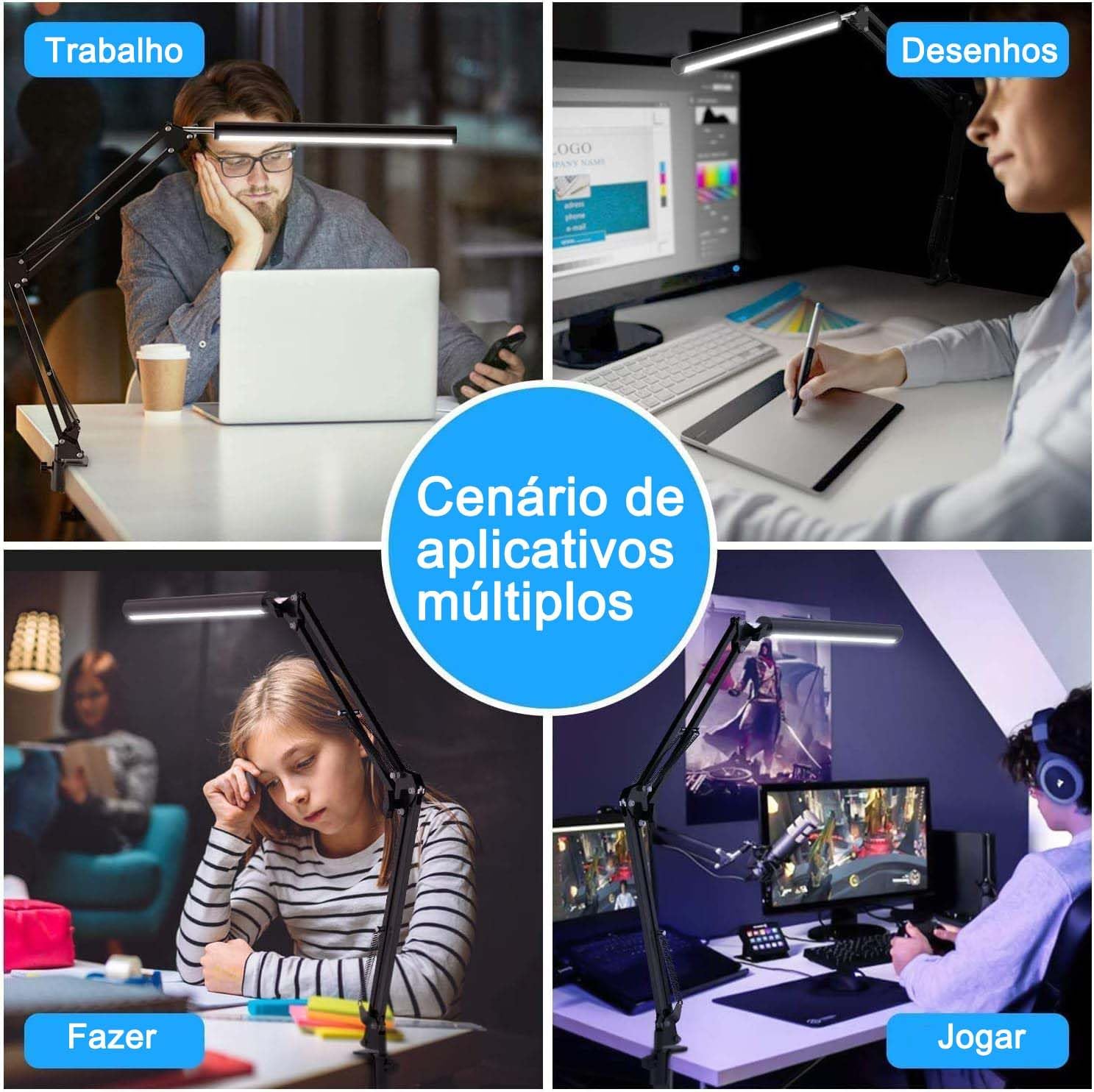 Luminaria de Mesa, Luminaria de mesa de Mesa com Braço Flexível 360°, Luminaria de mesa LED com 3 Luzes Reguláveis, Branco, Branco Quente e Branco Quente.