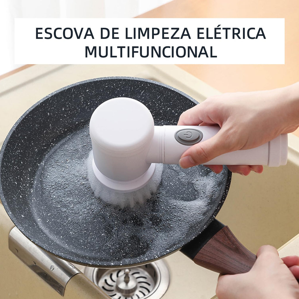 Escova de Limpeza Elétrica Portátil Sem Fio Recarregável - Giratória, com 7 Cabeças de Escova Elétrica em 1 para Lavagem de Pratos, Banheiro, Piso, Vidro e Limpeza Doméstica Geral (Branco, 5 em 1)