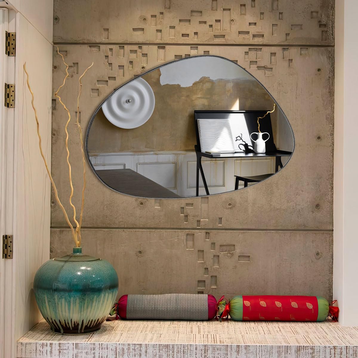 Espelho Orgânico Grande 60x80cm de Parede Lavabo Banheiro Sala Quarto Acabamento em Couro Ecológico 3cm Modelo Pinterest Nuvem Café