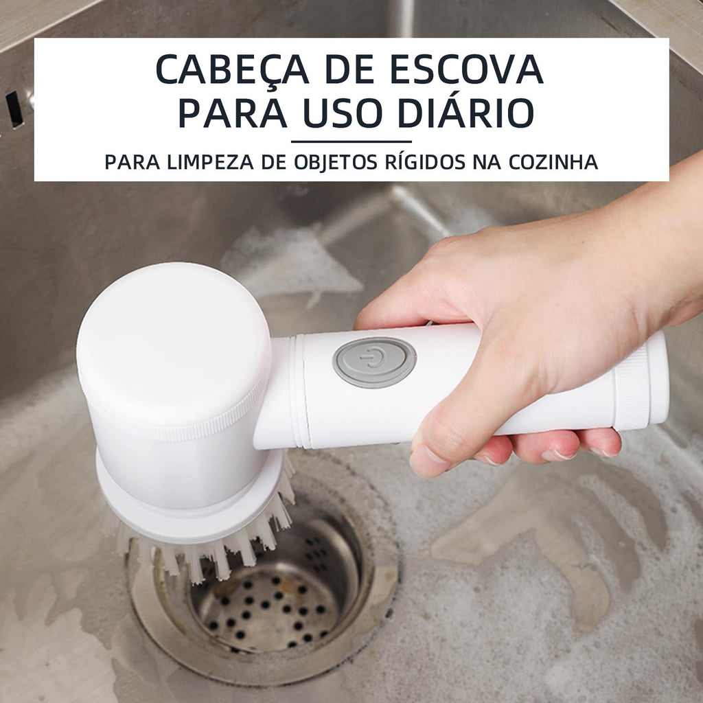 Escova de Limpeza Elétrica Portátil Sem Fio Recarregável - Giratória, com 7 Cabeças de Escova Elétrica em 1 para Lavagem de Pratos, Banheiro, Piso, Vidro e Limpeza Doméstica Geral (Branco, 5 em 1)
