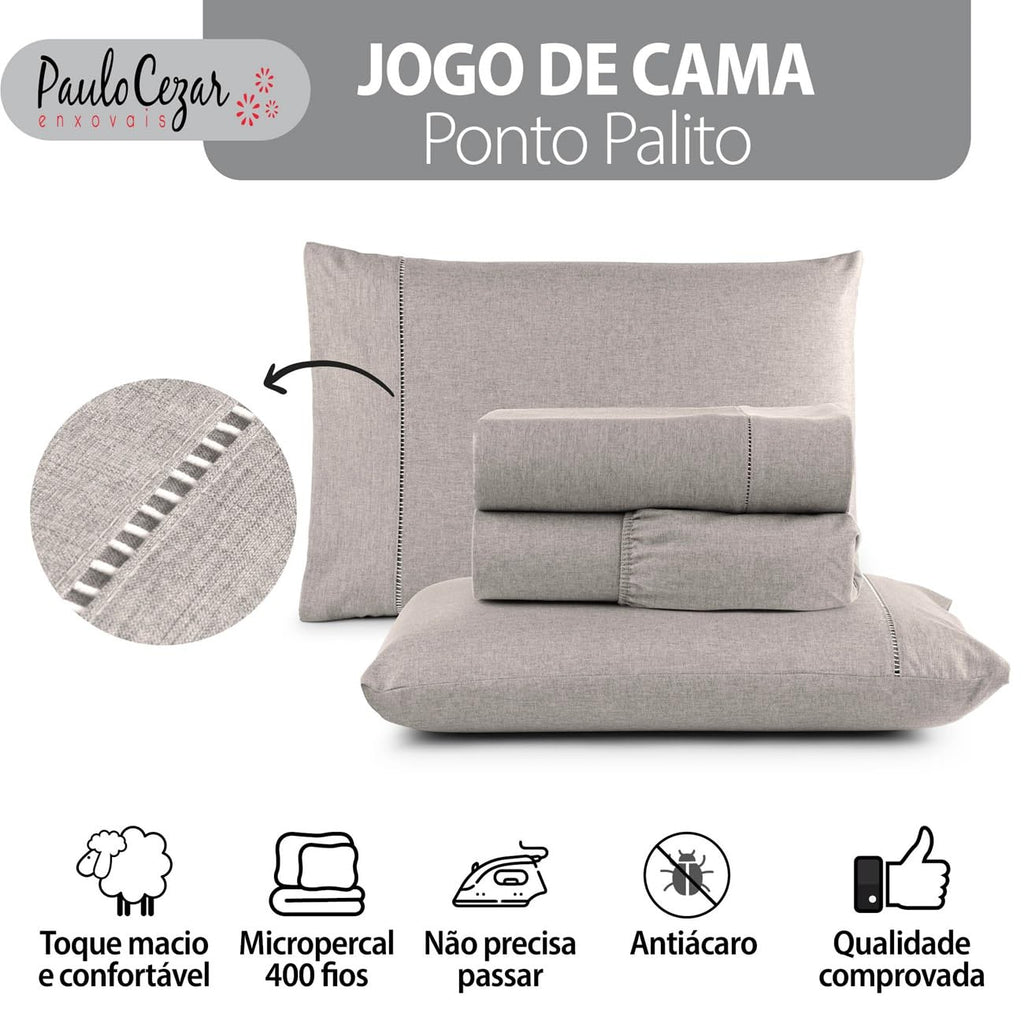 Jogo de Cama Queen Percal 400 Fios Ponto Palito 04 Peças, Antiácaro, Anti-pilling com Toque Macio - Branco