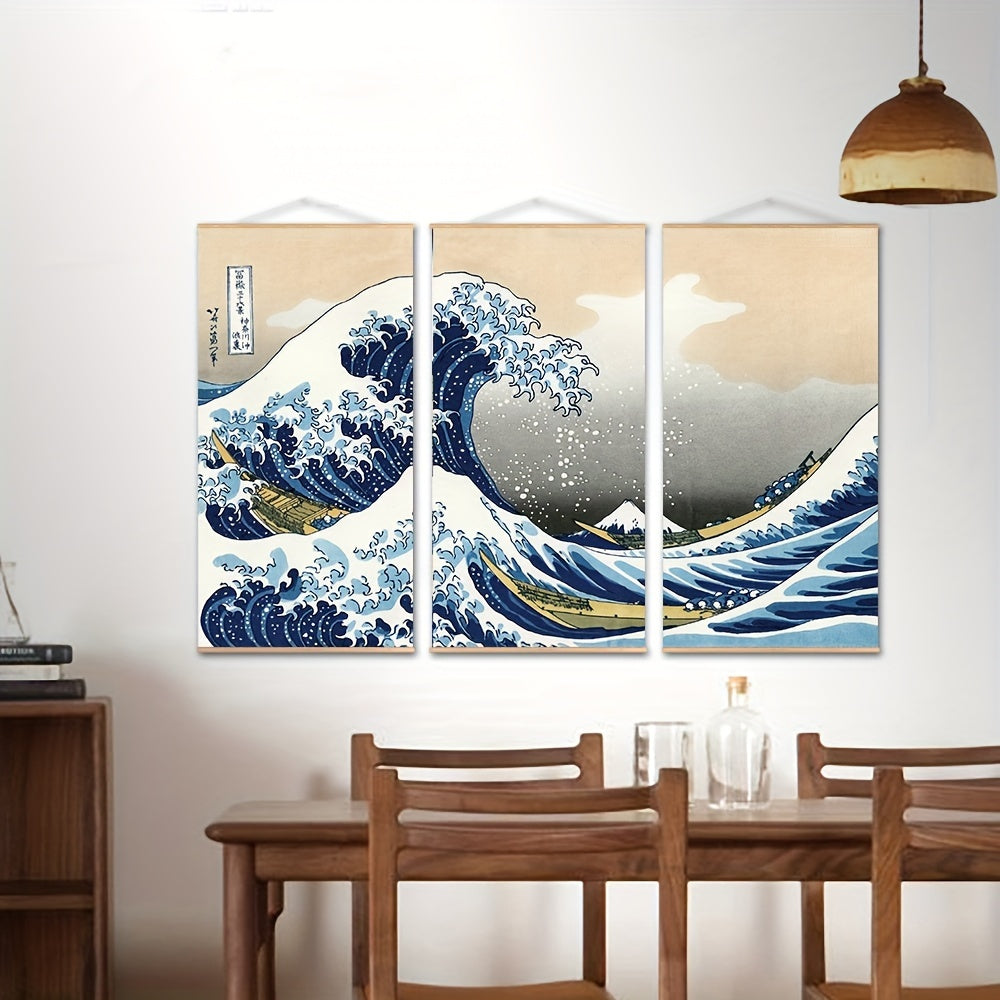 Conjunto 3 Peças A Grande Onda de Kanagawa – Quadros Decorativos