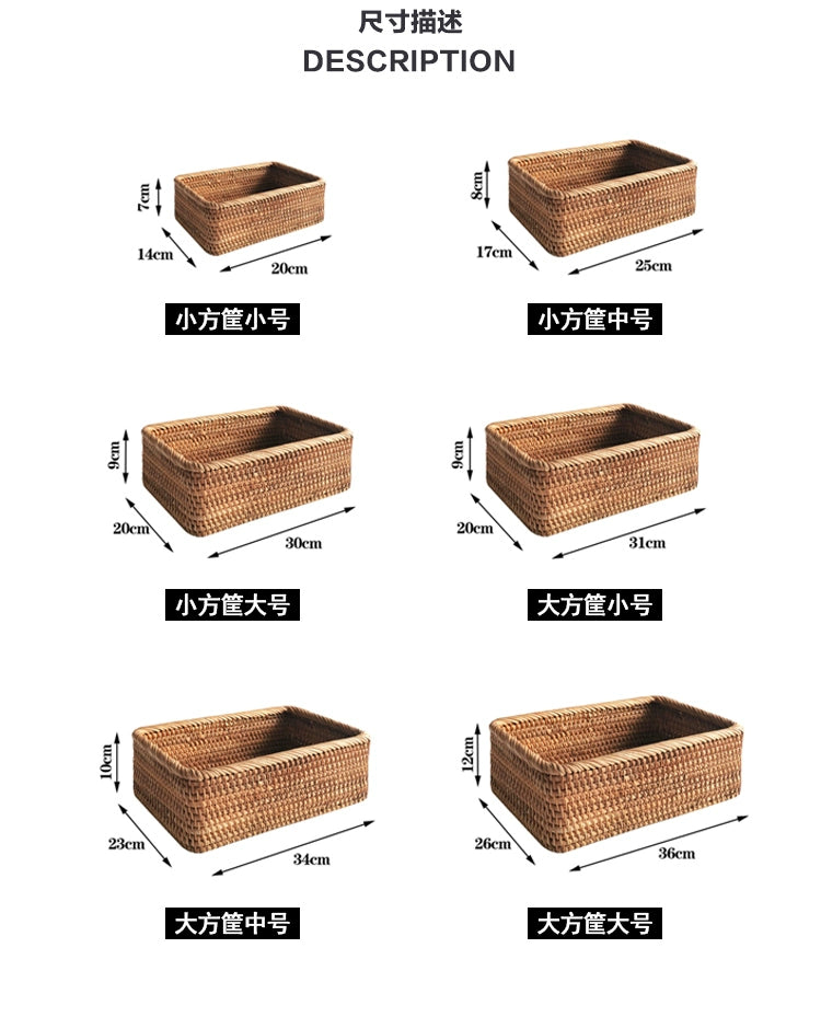Cesta Retangular de Vime e Rattan Feita à Mão – Armazenamento para Frutas, Pães, Lanches, Chá, Cosméticos e Utensílios de Cozinha