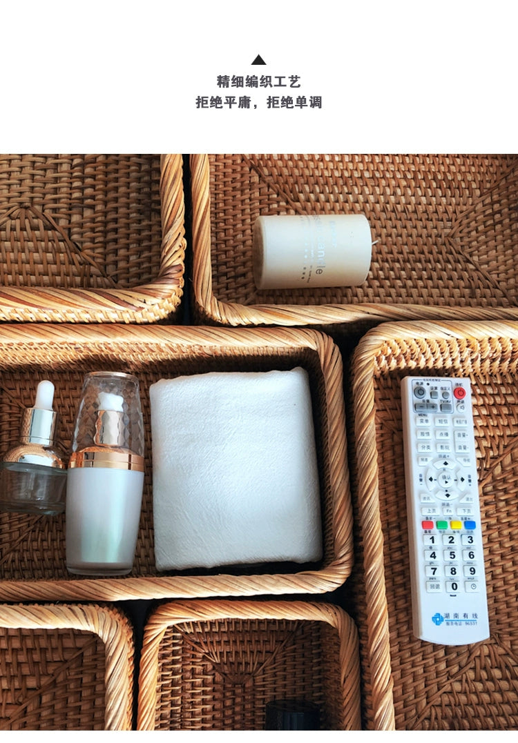 Cesta Retangular de Vime e Rattan Feita à Mão – Armazenamento para Frutas, Pães, Lanches, Chá, Cosméticos e Utensílios de Cozinha