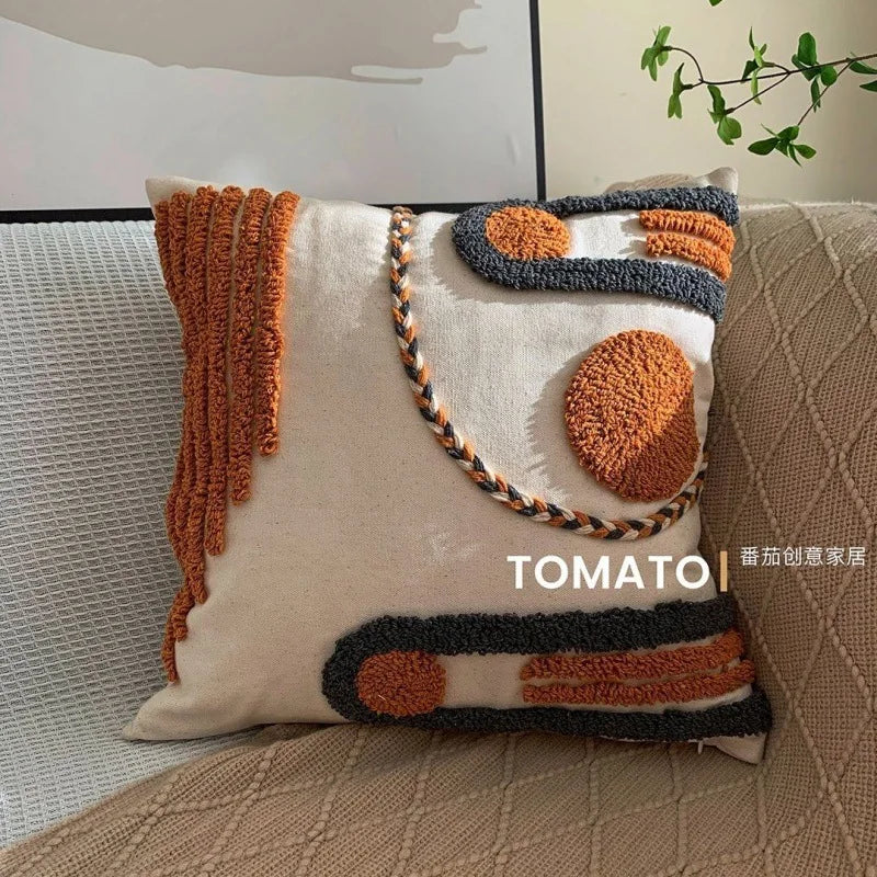 Capa de Almofada Boho Geométrica Bordada com Pompom – Decoração Personalizada para Sofá e Sala de Estar