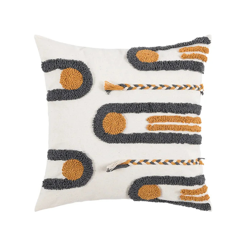 Capa de Almofada Boho Geométrica Bordada com Pompom – Decoração Personalizada para Sofá e Sala de Estar