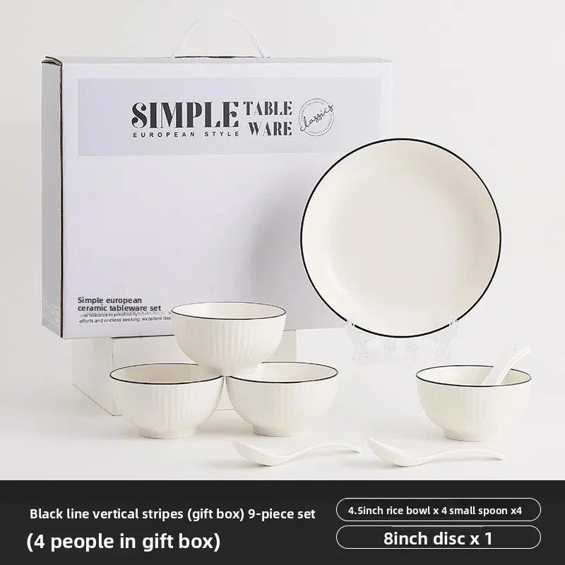Conjunto de Jantar em Cerâmica – Tigela, Prato e Colher com Linha Preta Subvidrada | Presente Ideal para Casa