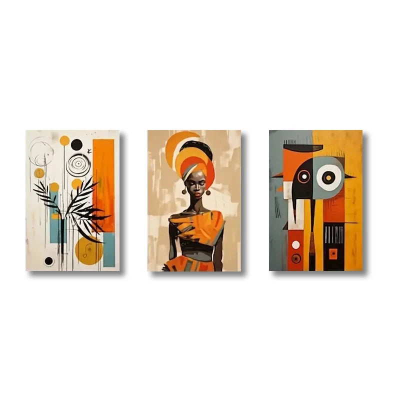 Conjunto de 3 Pôsteres Étnicos Abstratos – Arte Africana em Tela, Decoração Boho Chic, Pintura de Mulheres Negras para Sala e Quarto