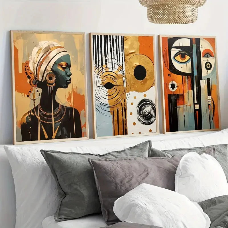 Conjunto de 3 Pôsteres Étnicos Abstratos – Arte Africana em Tela, Decoração Boho Chic, Pintura de Mulheres Negras para Sala e Quarto