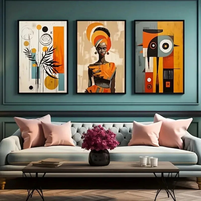 Conjunto de 3 Pôsteres Étnicos Abstratos – Arte Africana em Tela, Decoração Boho Chic, Pintura de Mulheres Negras para Sala e Quarto