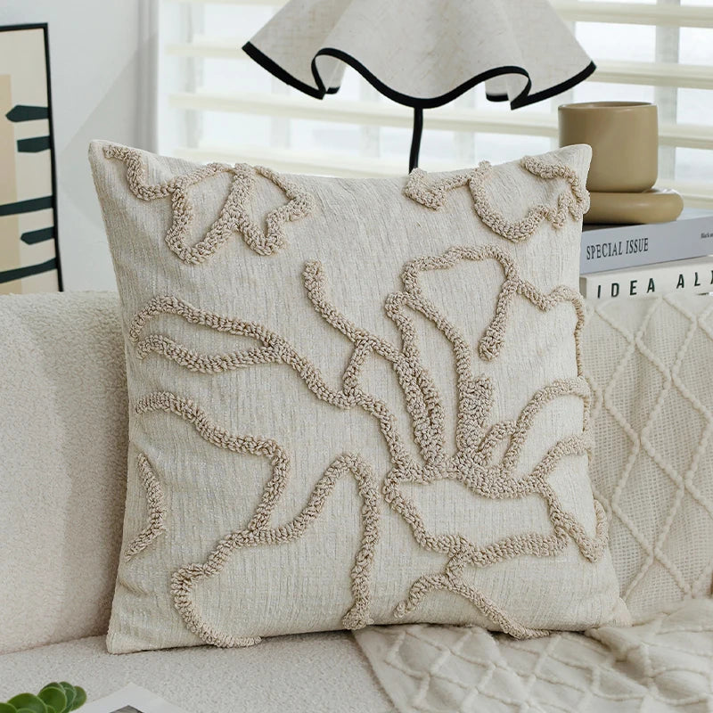 Capa de Almofada Decorativa Boho 45x45 cm em Chenille Macio com Linhas Geométricas – 3 Cores para Sofá e Sala de Estar