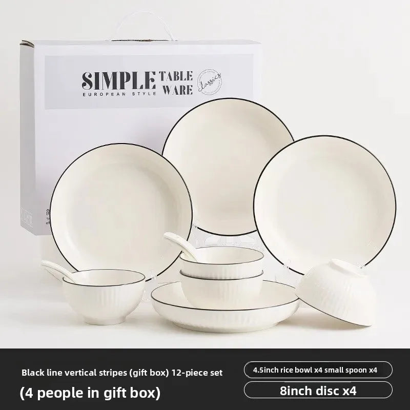 Conjunto de Jantar em Cerâmica – Tigela, Prato e Colher com Linha Preta Subvidrada | Presente Ideal para Casa