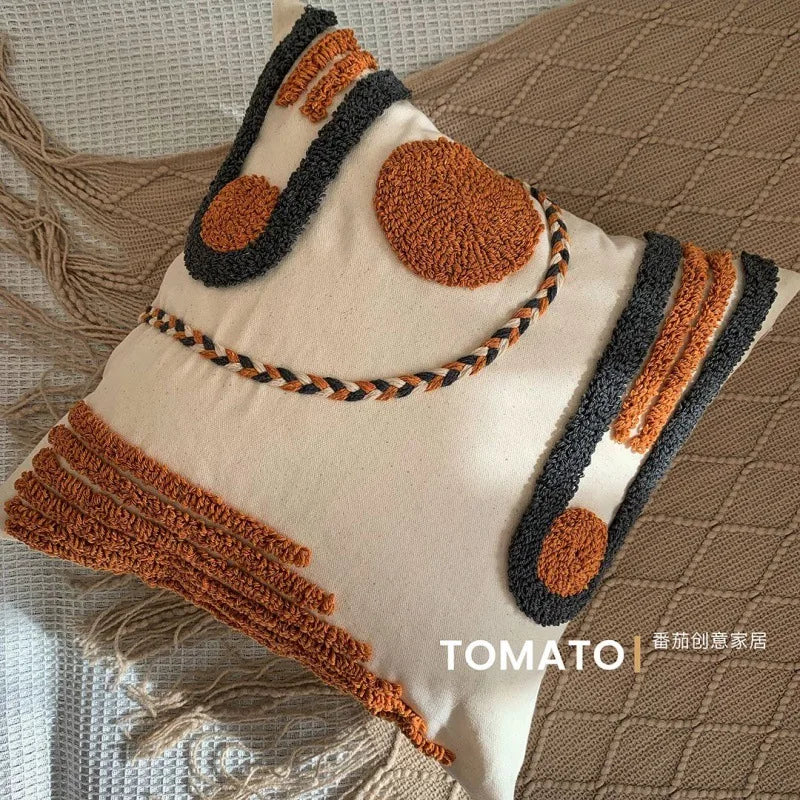 Capa de Almofada Boho Geométrica Bordada com Pompom – Decoração Personalizada para Sofá e Sala de Estar