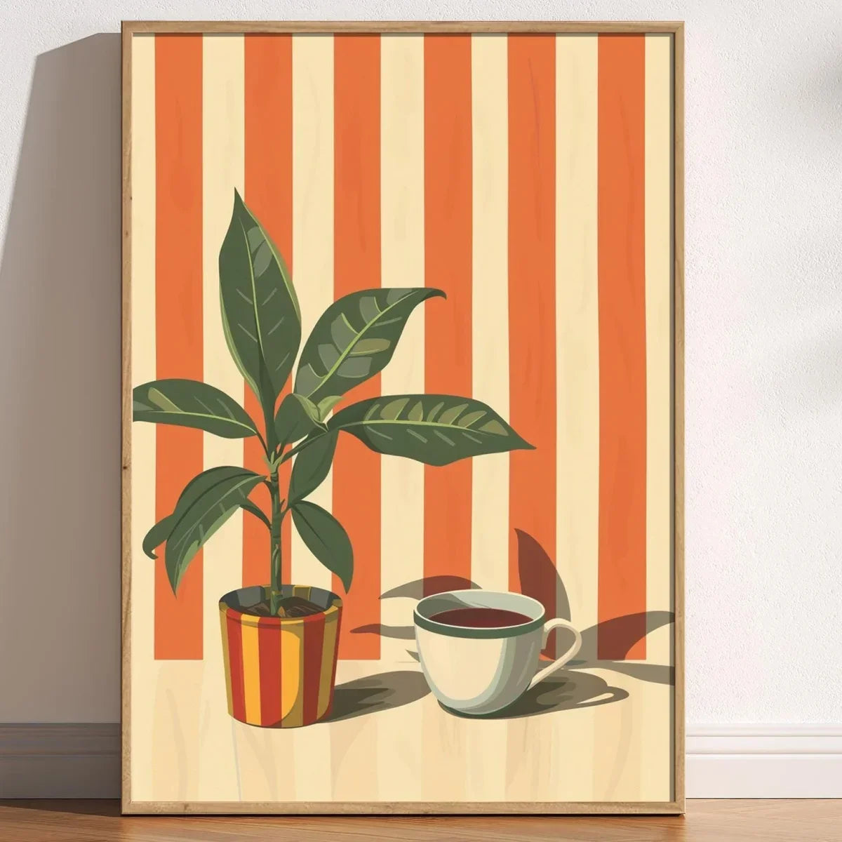 Pôster de Arte Retrô Minimalista – Impressão em Tela com Listras Quentes e Tema Café Vintage para Decoração de Parede de Quarto