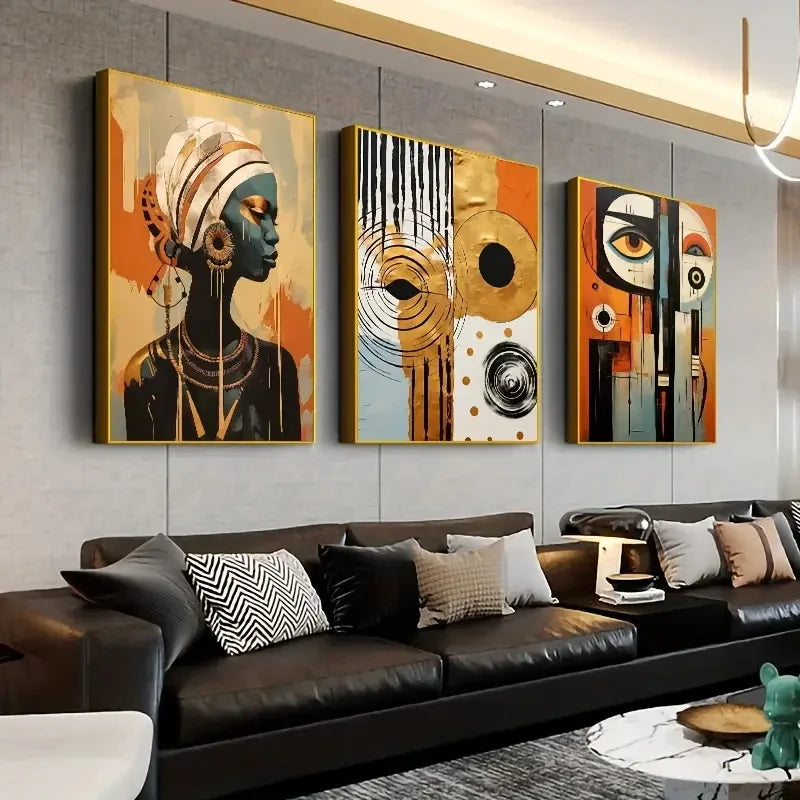 Conjunto de 3 Pôsteres Étnicos Abstratos – Arte Africana em Tela, Decoração Boho Chic, Pintura de Mulheres Negras para Sala e Quarto