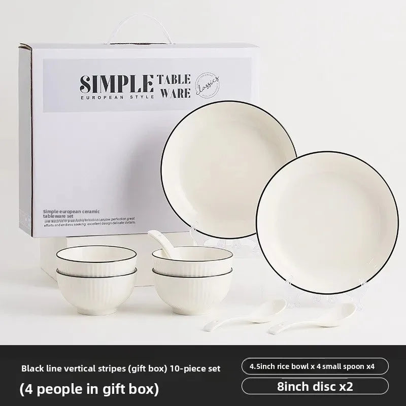 Conjunto de Jantar em Cerâmica – Tigela, Prato e Colher com Linha Preta Subvidrada | Presente Ideal para Casa