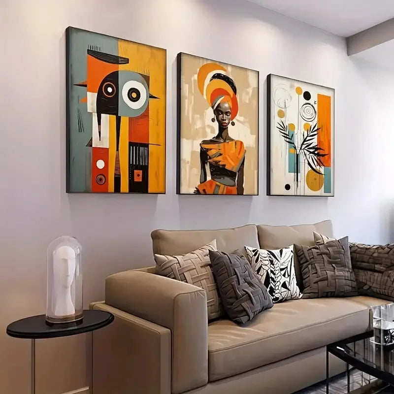 Conjunto de 3 Pôsteres Étnicos Abstratos – Arte Africana em Tela, Decoração Boho Chic, Pintura de Mulheres Negras para Sala e Quarto