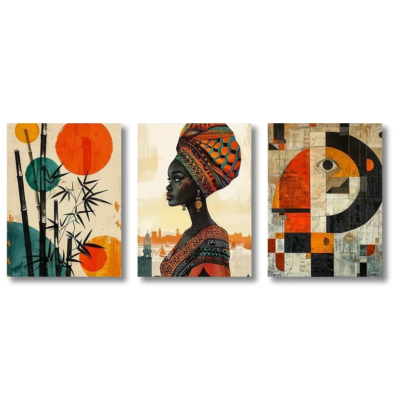 Conjunto de 3 Pôsteres Étnicos Abstratos – Arte Africana em Tela, Decoração Boho Chic, Pintura de Mulheres Negras para Sala e Quarto
