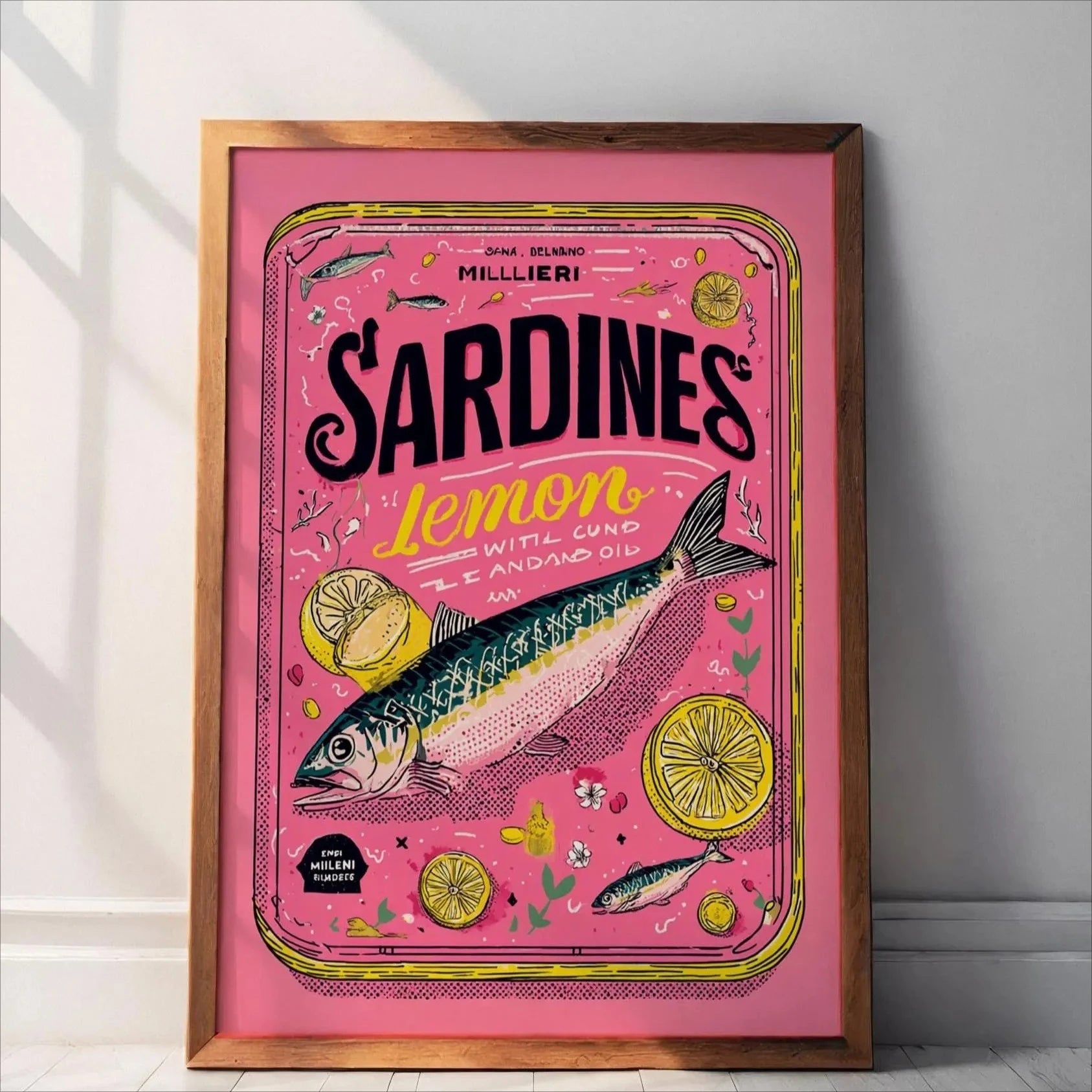 Quadro em Tela Sardinhas em Lata Rosa – Arte de Parede Estilo Pescador para Sala de Estar Moderna, Cozinha e Decoração de Casa, Presente Criativo