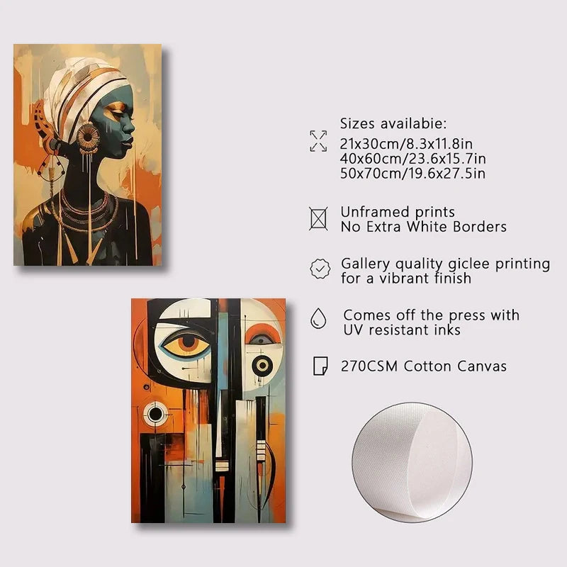 Conjunto de 3 Pôsteres Étnicos Abstratos – Arte Africana em Tela, Decoração Boho Chic, Pintura de Mulheres Negras para Sala e Quarto