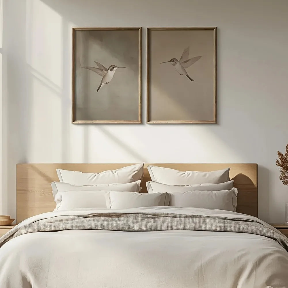 Conjunto com 2 Quadros em Tela sem Moldura – Beija-Flores Retrô. Pôsteres decorativos simples e elegantes em estilo rústico, perfeitos para casas de campo, apartamentos ou qualquer ambiente que valorize uma decoração charmosa e acolhedora.